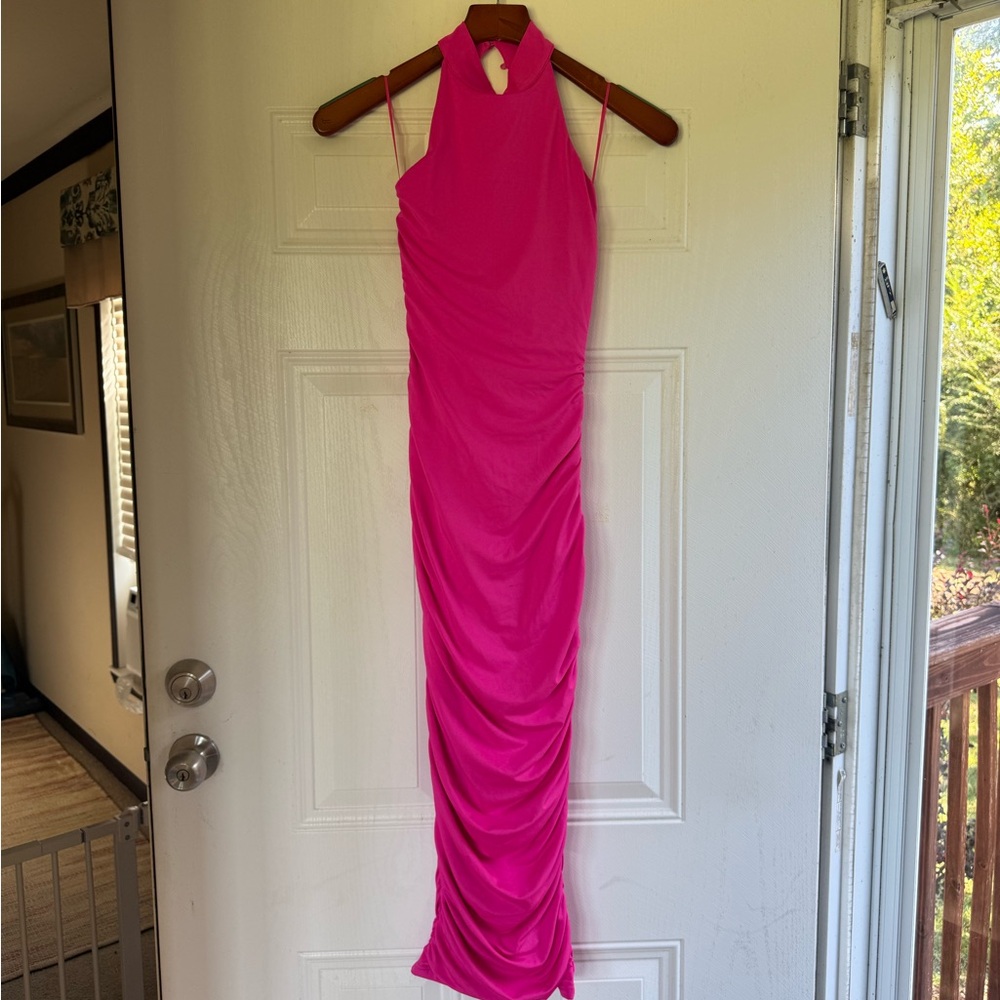 2 for $15 sale: nwt superdown Mallory halter hot pink ruched bodycon midi dress - Picture 2 of 7